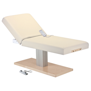 Earthlite Everest Spa Pedestal Electric Tilt Table Vanilla Creme with cushioned top and single-column electric base, showing adjustable tilt feature for professional Med Spa and wellness treatments.