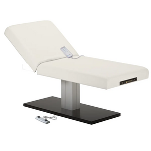 Earthlite Everest Spa Pedestal Electric Tilt Table White with cushioned top and single-column electric base, showing adjustable tilt feature for professional Med Spa and wellness treatments.