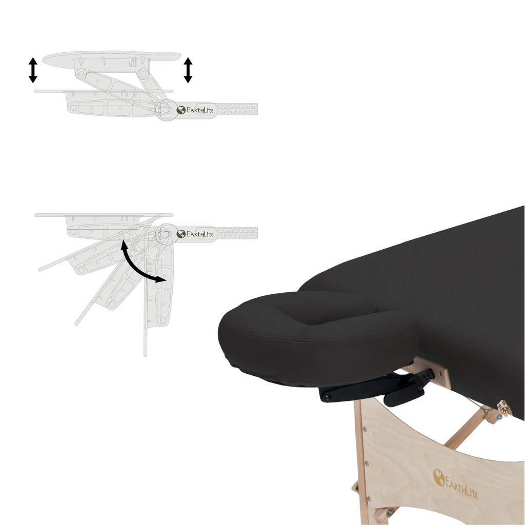 Earthlite Harmony DX Portable Massage Table illustrating the Deluxe Adjustable headrest with matching FacePillow cushion.