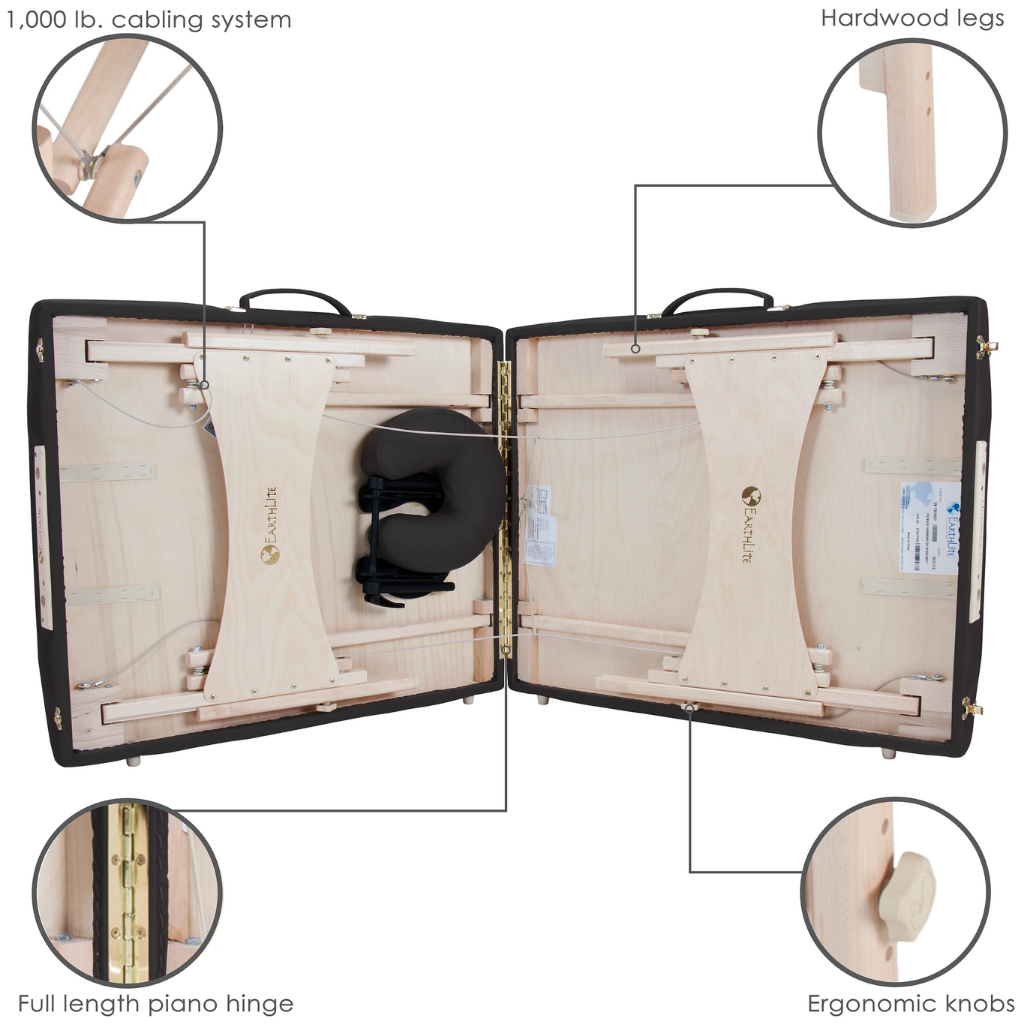 Earthlite Harmony DX Portable Massage Table illustrating the hardwood legs, full length piano hinge, ergonomic knobs and 1000lb cabling system.