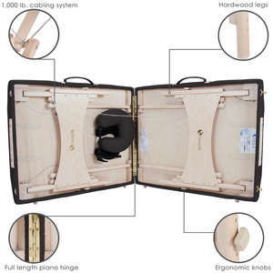 Earthlite Harmony DX Portable Massage Table illustrating the hardwood legs, full length piano hinge, ergonomic knobs and 1000lb cabling system.