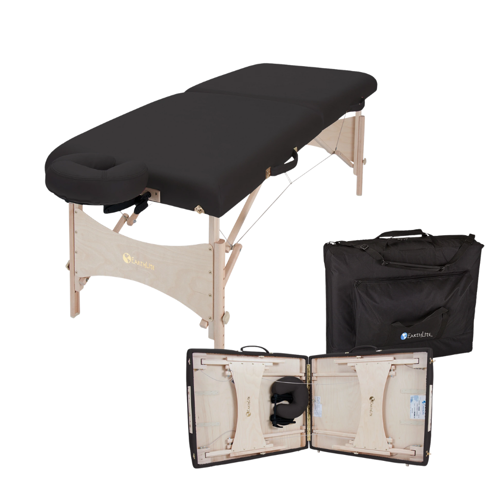 Earthlite Harmony DX Portable Massage Table illustrating the clamshell and carry case for ease of transport.