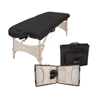Earthlite Harmony DX Portable Massage Table illustrating the clamshell and carry case for ease of transport.