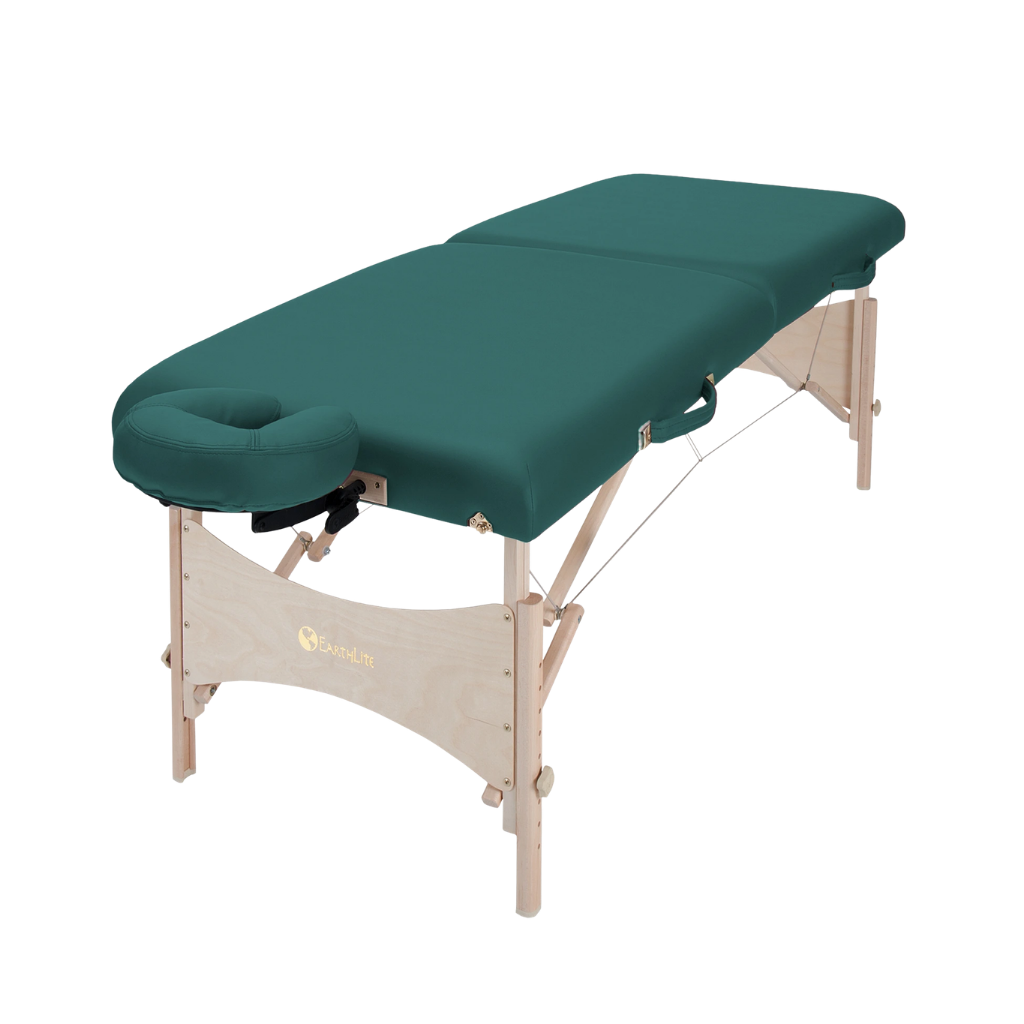 Earthlite Harmony DX Portable Massage Table with Teal upholstery for wellness practices.