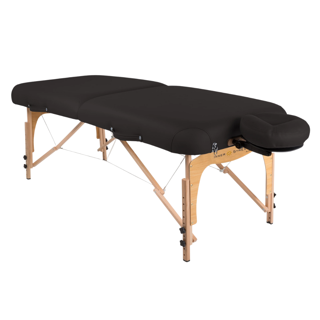 Earthlite Inner Strength E2 Portable Massage Table with black upholstery for wellness practices.