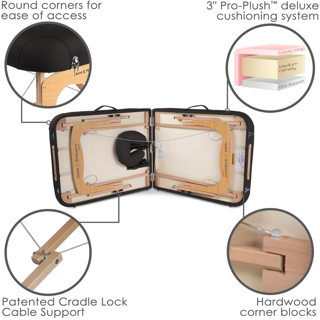 Earthlite Inner Strength E2 Portable Massage Table with round corners, Pro-Plush cushioning, and cradle lock cable support.