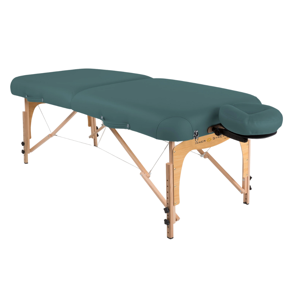 Earthlite Inner Strength E2 Portable Massage Table with Teal upholstery for wellness practices.
