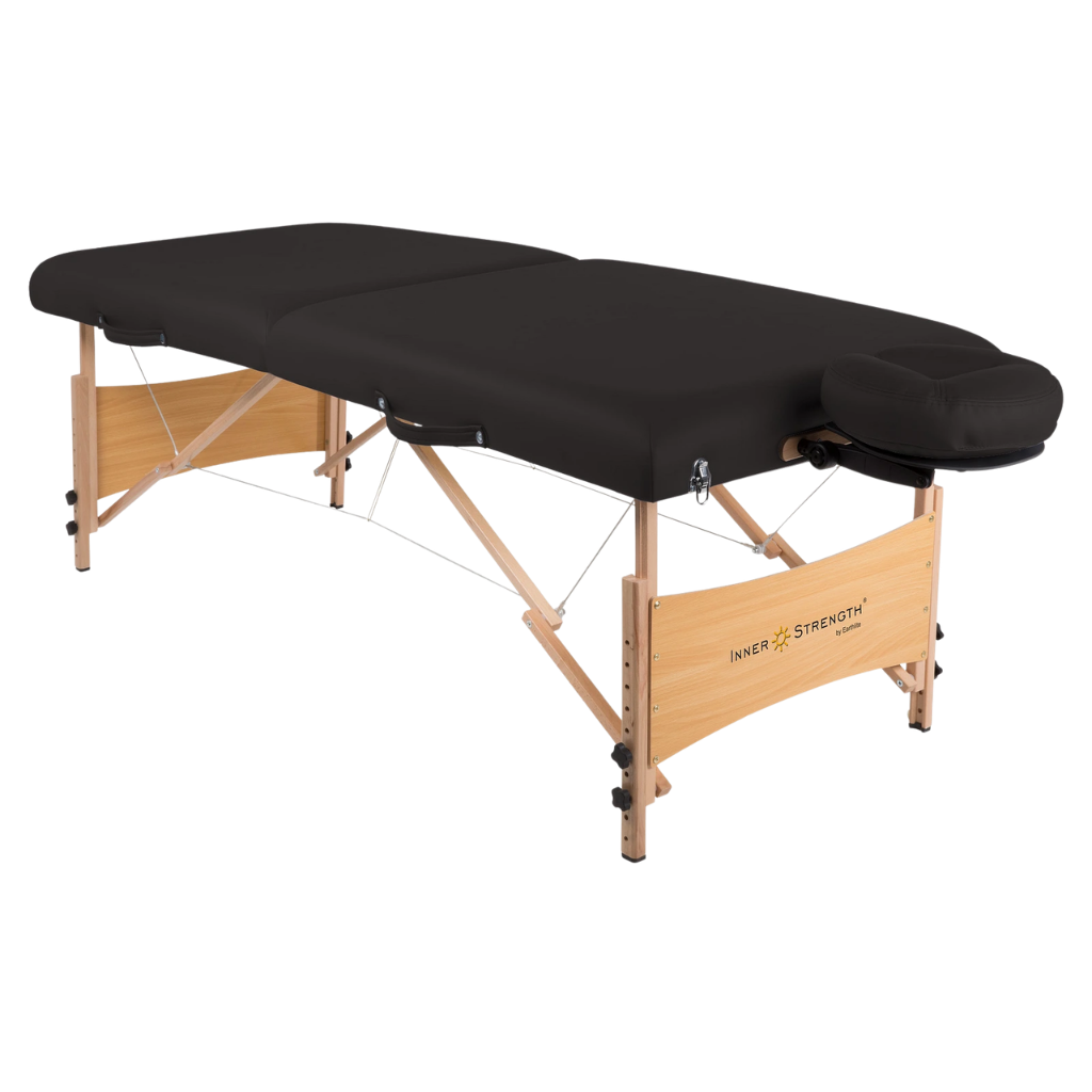 Earthlite Inner Strength Element Portable Massage Table with black upholstery for wellness practices.