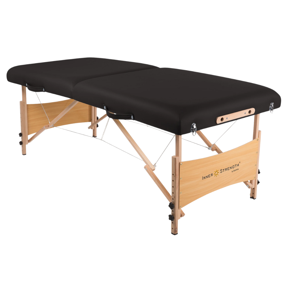 Earthlite Inner Strength Element Portable Massage Table with black upholstery without headrest attachment for wellness practices.