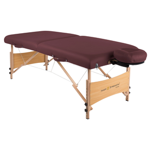 Earthlite Inner Strength Element Portable Massage Table with Burgundy  upholstery for wellness practices.