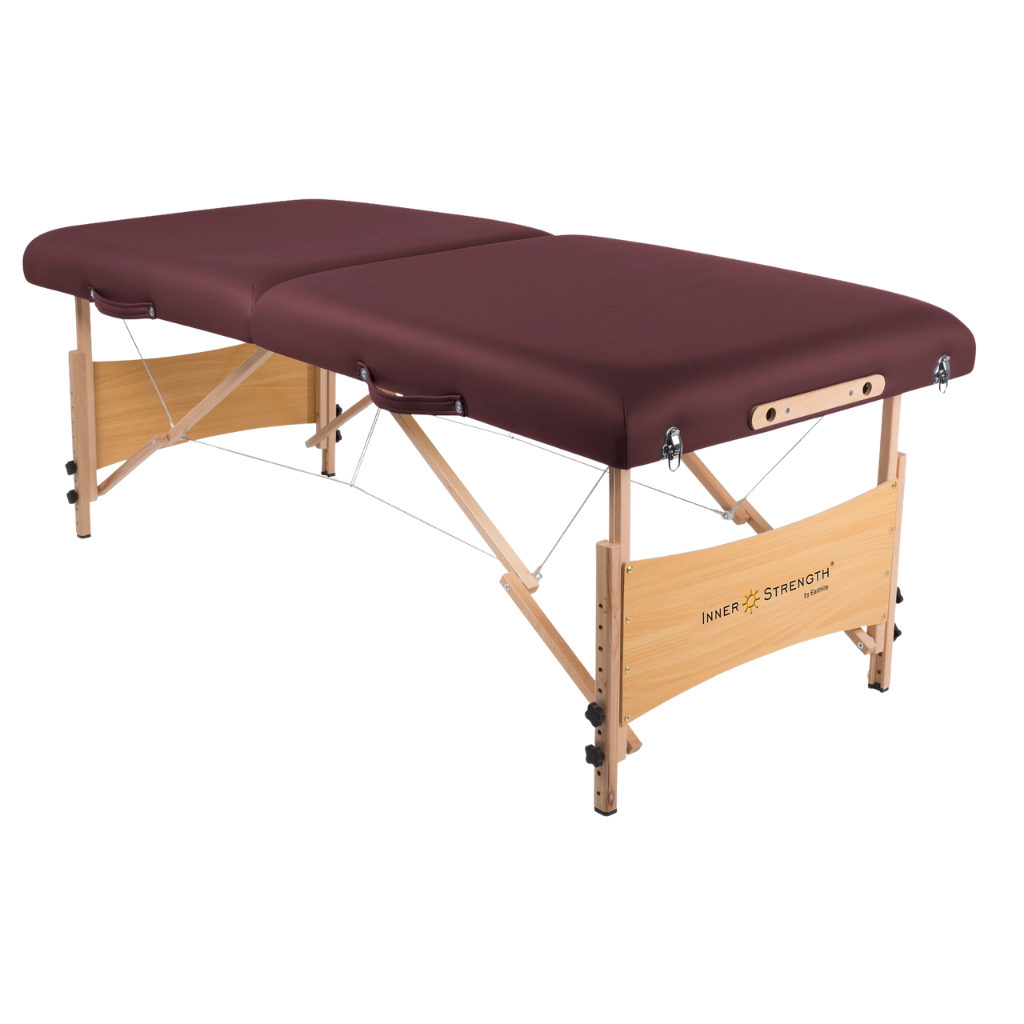 Earthlite Inner Strength Element Portable Massage Table with Burgundy upholstery without headrest attachment for wellness practices.