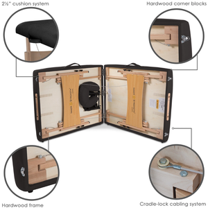 Earthlite Inner Strength Element Portable Massage Table illustrating hardwood corner blocks for stability.
