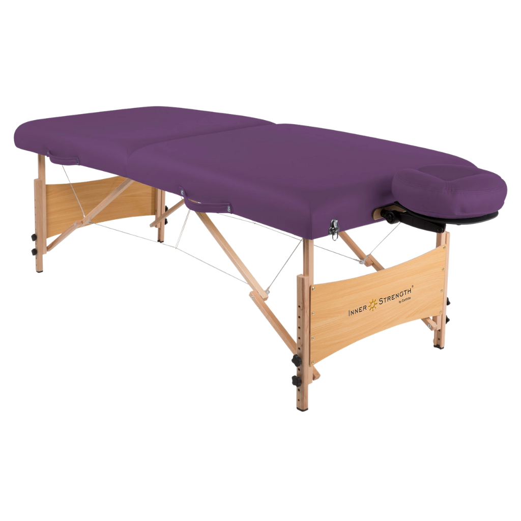 Earthlite Inner Strength Element Portable Massage Table with Purple upholstery for wellness practices.
