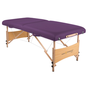 Earthlite Inner Strength Element Portable Massage Table with Purple upholstery without headrest attachment for wellness practices.
