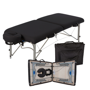 Earthlite Luna Portable Massage Table with black upholstery for wellness practices with a portable design for easy transport.