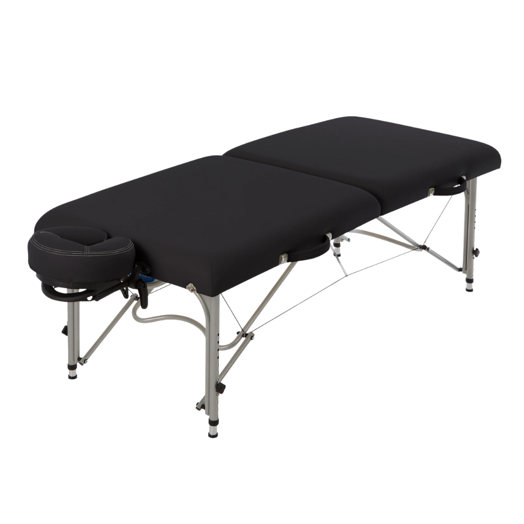 Earthlite Luna Portable Massage Table with black upholstery for wellness practices with a portable design for easy transport.