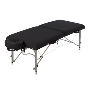 Earthlite Luna Portable Massage Table with black upholstery for wellness practices with a portable design for easy transport.