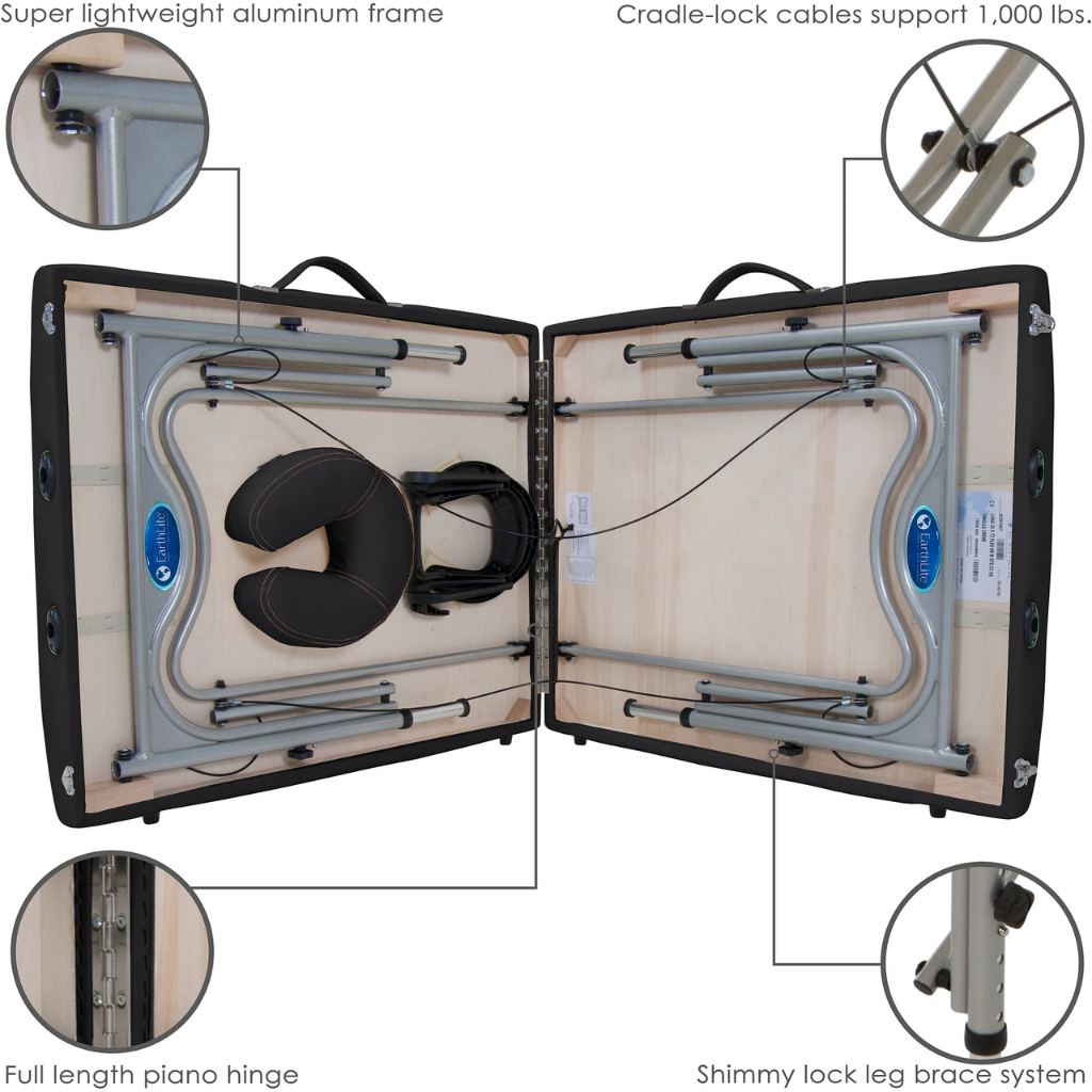 Earthlite Luna Portable Massage Table features a super lightweight aluminum frame, cradle-lock cables for support, full length piano hinge and a shimmy lock leg brace system.