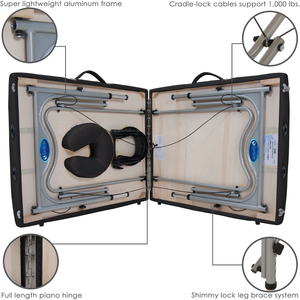 Earthlite Luna Portable Massage Table features a super lightweight aluminum frame, cradle-lock cables for support, full length piano hinge and a shimmy lock leg brace system.
