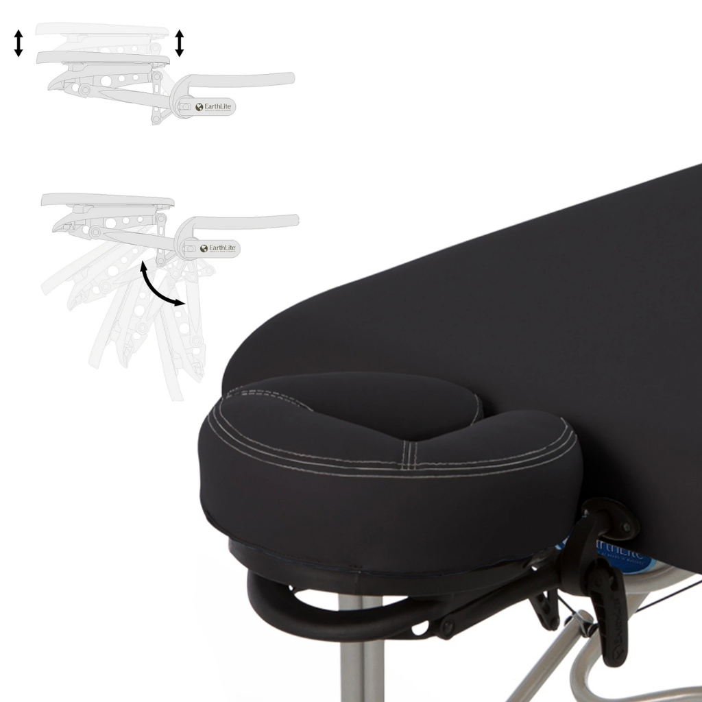 Earthlite Luna Portable Massage Table with black upholstery illustrating the Flex-rest platform and Strata headrest.
