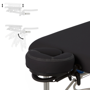 Earthlite Luna Portable Massage Table with black upholstery illustrating the Flex-rest platform and Strata headrest.