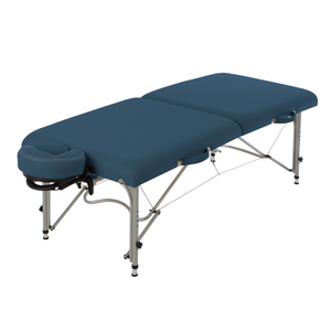 Earthlite Luna Portable Massage Table with Mystic Blue upholstery for wellness practices with a portable design for easy transport.