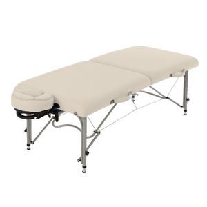 Earthlite Luna Portable Massage Table with Vanilla Creme upholstery for wellness practices with a portable design for easy transport