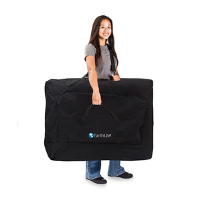 Earthlite Luna Portable Massage Table illustrated inside the carry case for easy transport and storage.