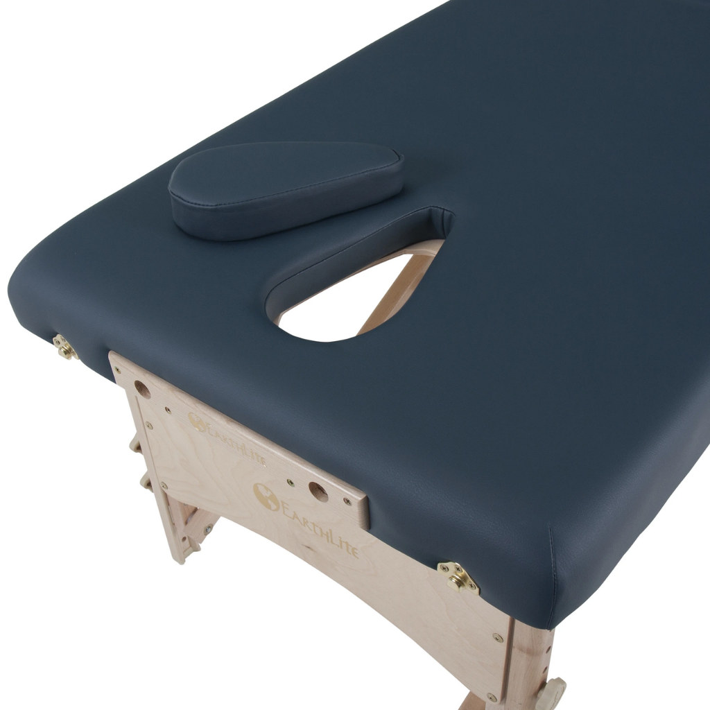 Earthlite MediSport Portable Treatment Table with upholstery illustrating the agate traditional face hole and filler plug. 