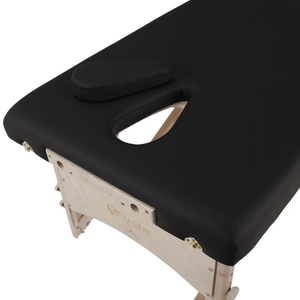 Earthlite MediSport Portable Treatment Table with upholstery illustrating the black traditional face hole and filler plug. 