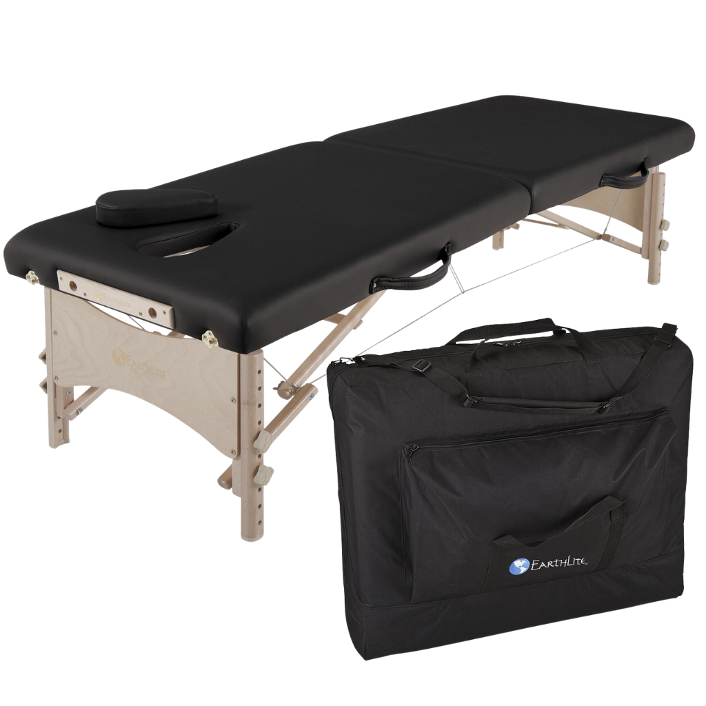 Earthlite MediSport Portable Treatment Table with black upholstery illustrating the heavy duty carry case.