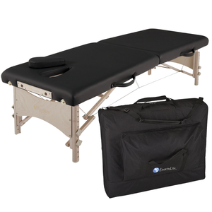 Earthlite MediSport Portable Treatment Table with black upholstery illustrating the heavy duty carry case.