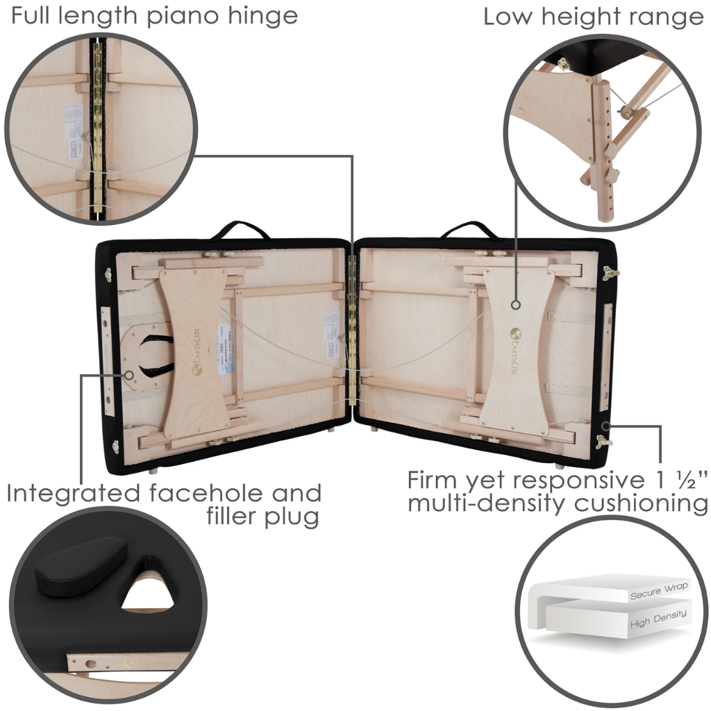 Earthlite MediSport Portable Treatment Table with piano hinge, face hole plug, and multi-density cushioning.