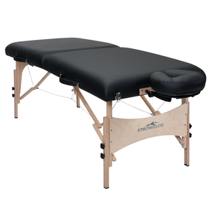 Earthlite Stronglite Classic Deluxe Portable Massage Table with black upholstery for wellness practices.