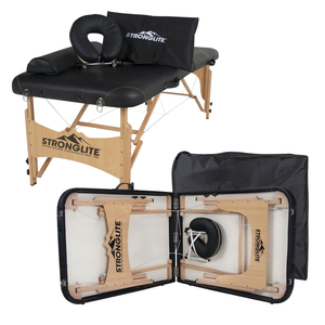 Earthlite Stronglite Olympia Portable Massage Table with black upholstery and carry case for wellness practices