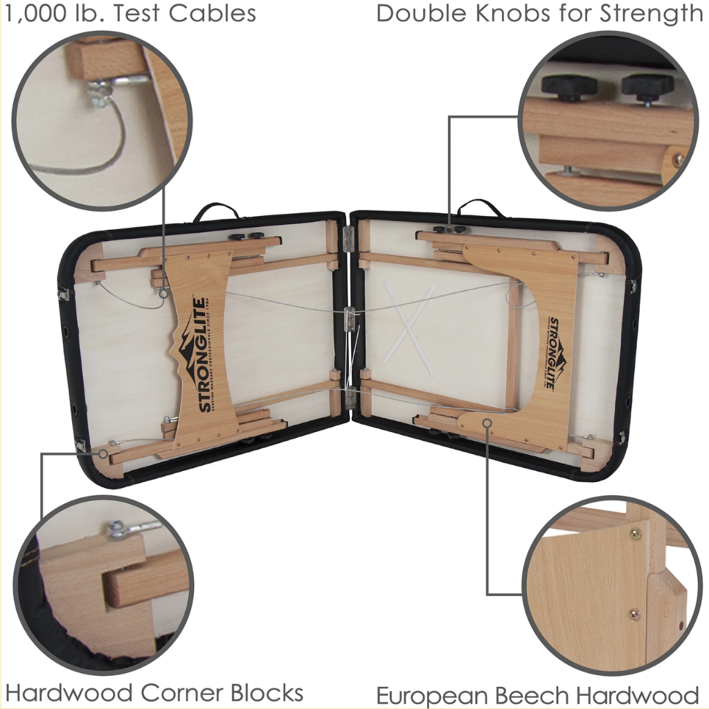 Earthlite Stronglite Olympia Portable Massage Table features double knobs for strength, hardwood corner blocks and European Beech hardwood.