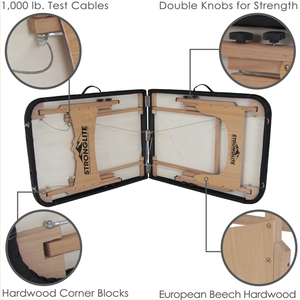 Earthlite Stronglite Olympia Portable Massage Table features double knobs for strength, hardwood corner blocks and European Beech hardwood.