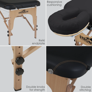 Earthlite Stronglite Olympia Portable Massage Table features double knobs for strength, double stitching, responsive cushioning and Reiki endplate.