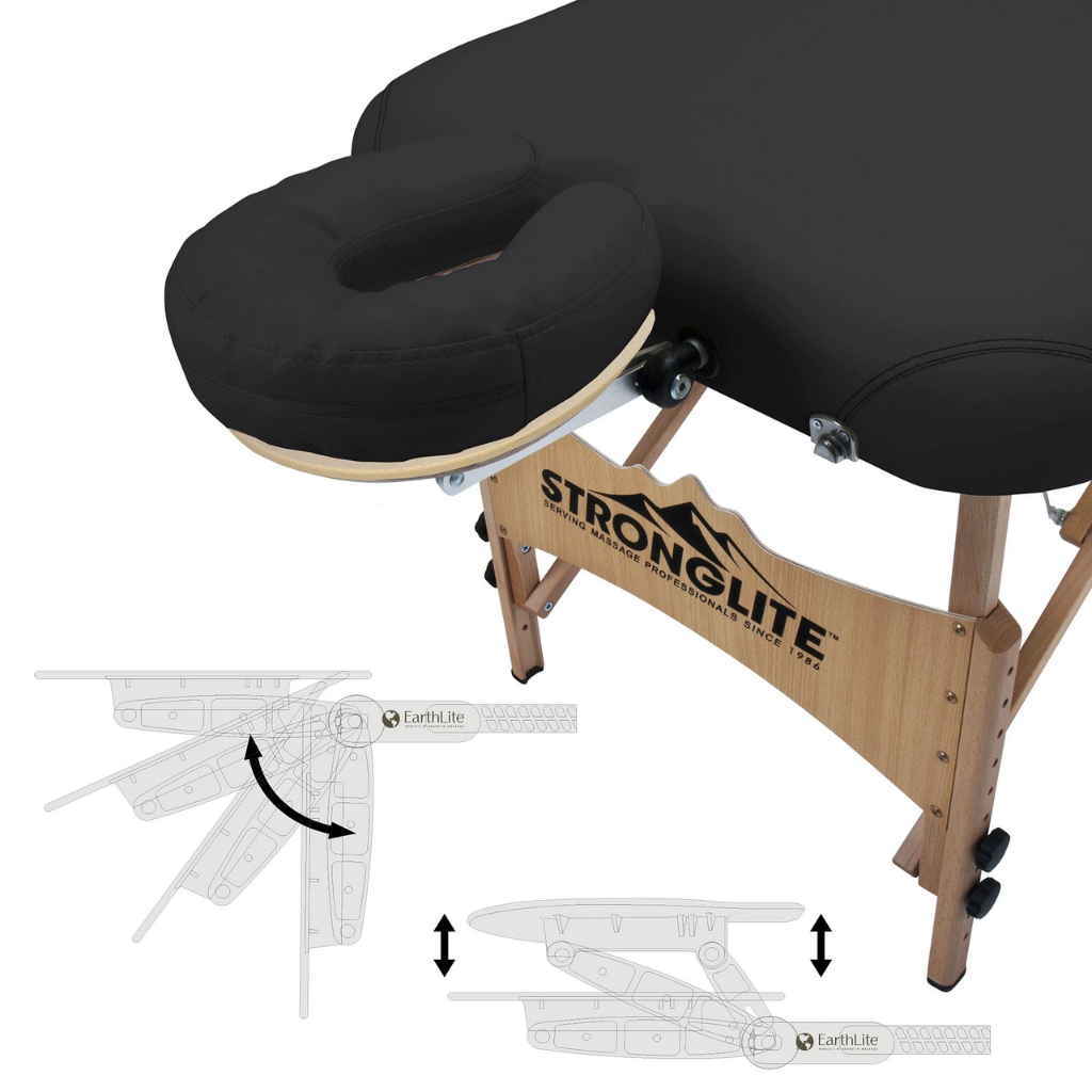 Earthlite Stronglite Olympia Portable Massage Table with black upholstery illustrating the headrest.