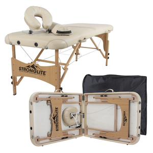 Earthlite Stronglite Olympia Portable Massage Table with Beige upholstery and carry case for wellness practices