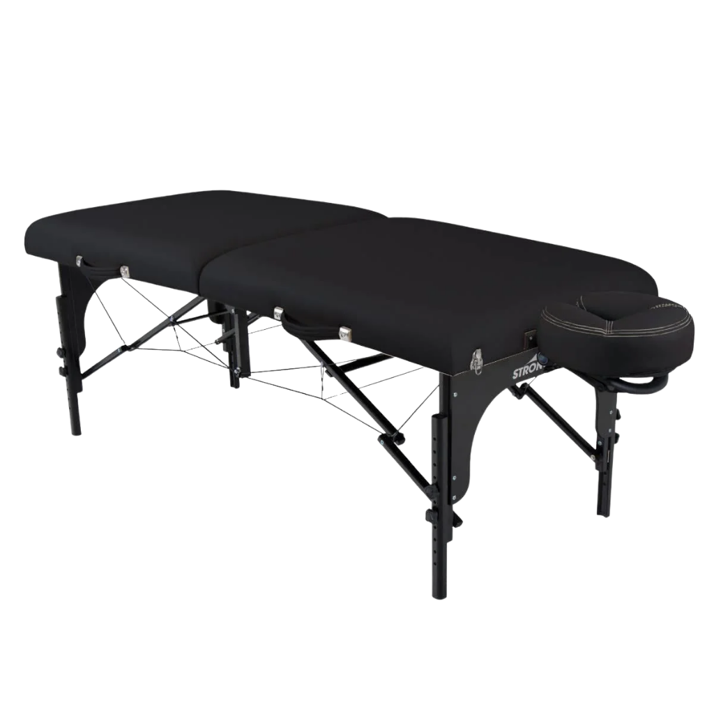 Earthlite Stronglite Premier Portable Massage Table with black upholstery for wellness practices.