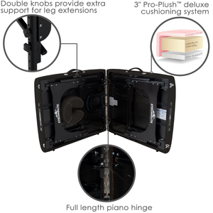 Earthlite Stronglite Premier Portable Massage Table illustrating double knobs to provide extra support for leg extensions and 3 Pro-Plush deluxe cushioning system.