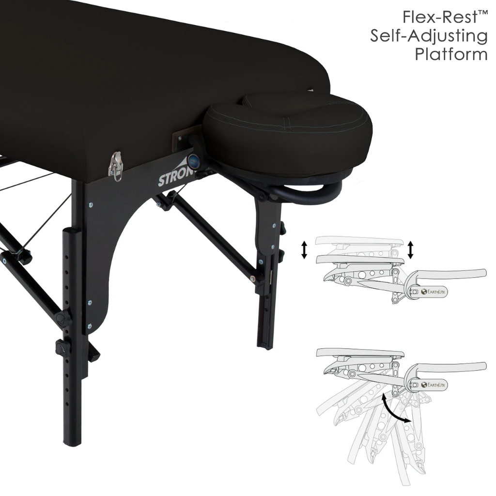 Earthlite Stronglite Premier Portable Massage Table illustrating the Flex-Rest Self-Adjusting Platform.