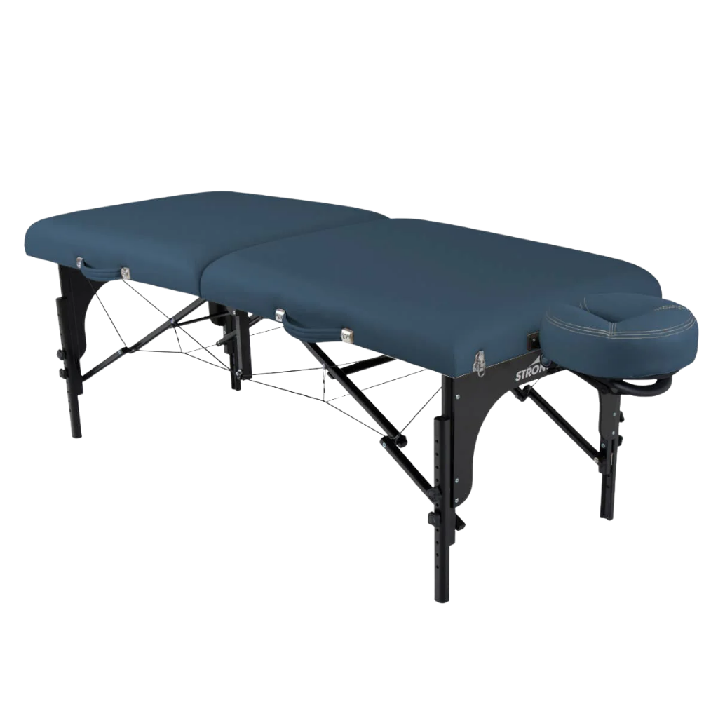 Earthlite Stronglite Premier Portable Massage Table with Mystic Blue upholstery for wellness practices.