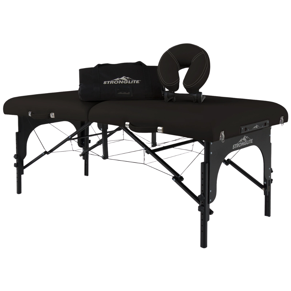 Earthlite Stronglite Premier Portable Massage Table package with table Flex-Rest platform with Strata FacePillow and carry case for wellness practices.