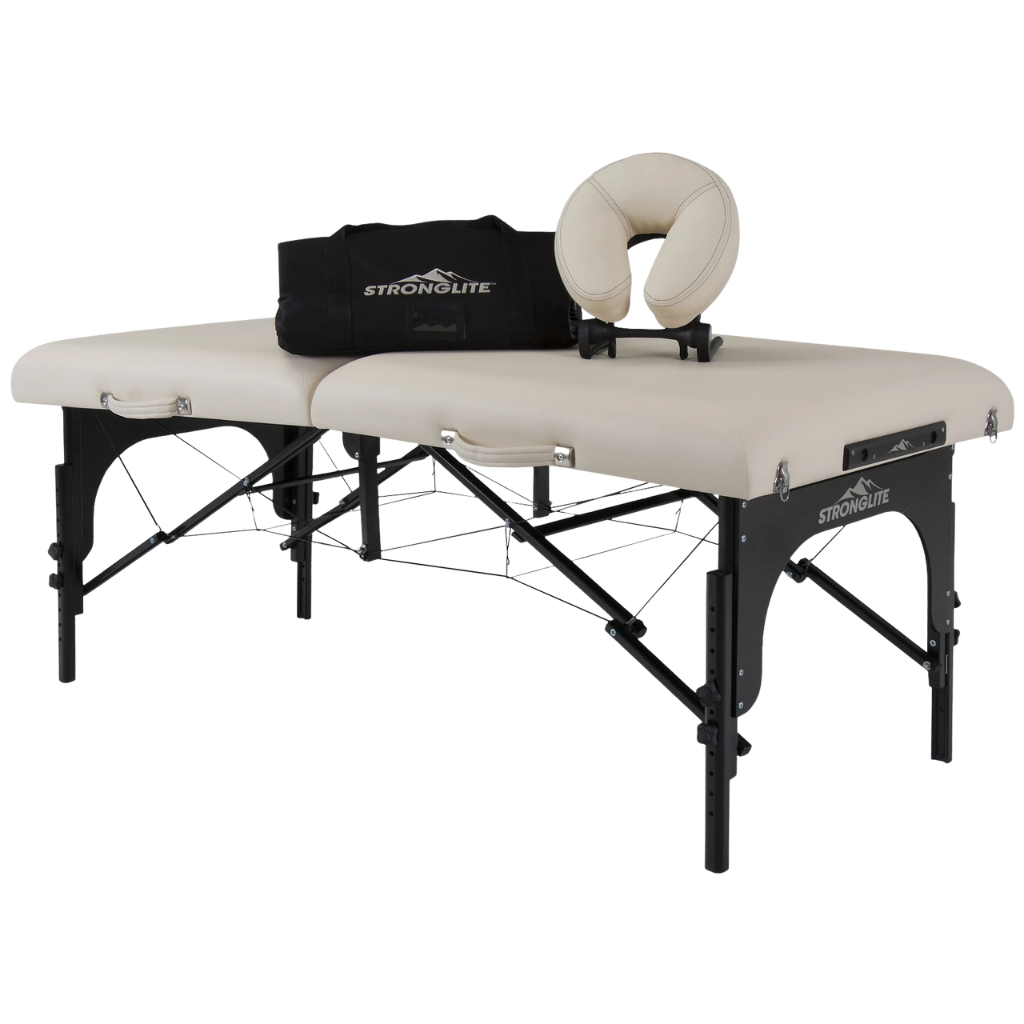 Earthlite Stronglite Premier Portable Massage Table package with table Flex-Rest platform with Strata FacePillow and carry case for wellness practices.