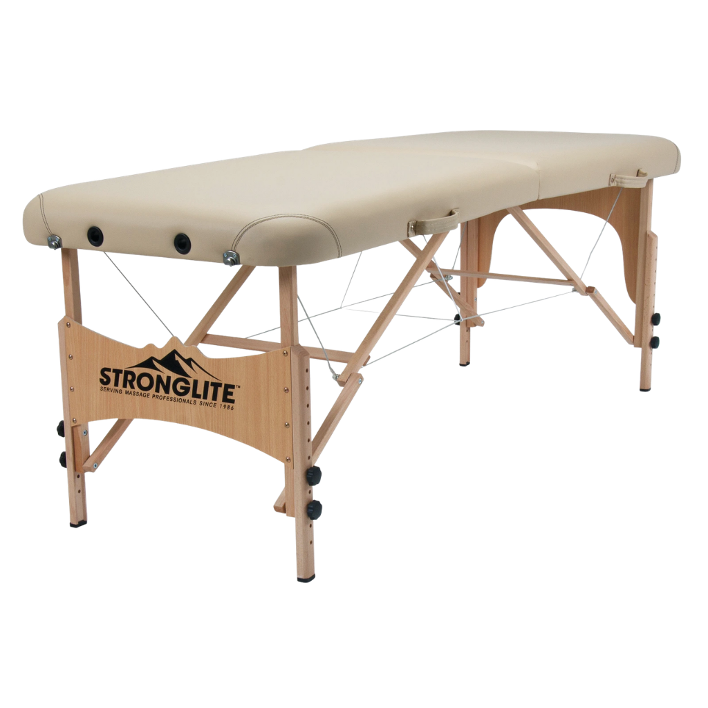 Earthlite Stronglite Shasta Portable Massage Table with Marie's Beige upholstery.