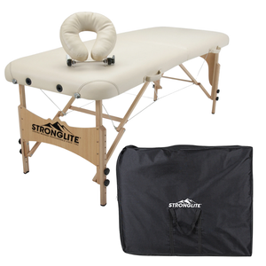 Earthlite Stronglite Shasta Portable Massage Table with Marie's Beige upholstery and carry case for wellness practices.