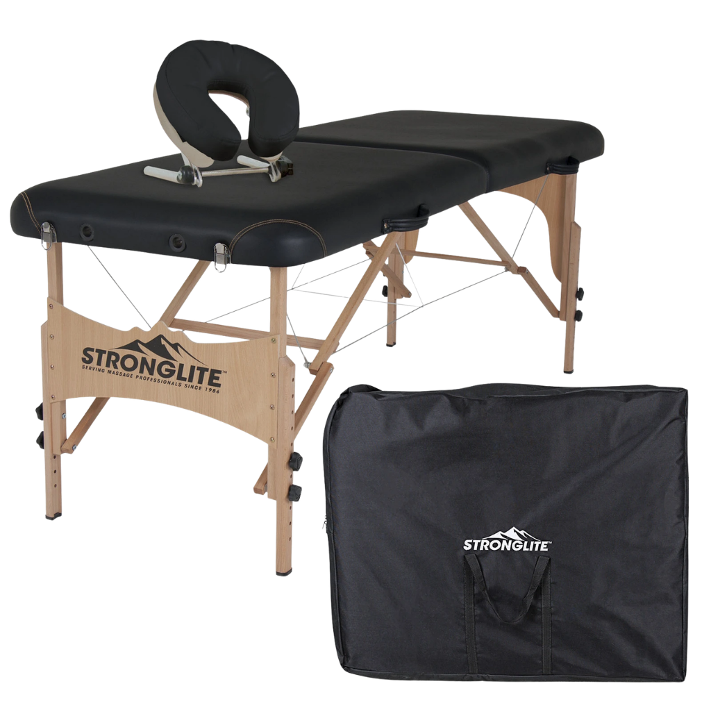 Earthlite Stronglite Shasta Portable Massage Table with black upholstery and carry case for wellness practices.