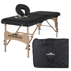 Earthlite Stronglite Shasta Portable Massage Table with black upholstery and carry case for wellness practices.